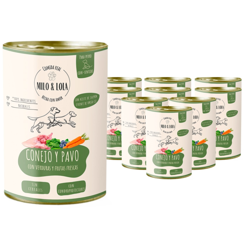 Pack 10 Latas Milo y Lola Conejo y Pavo para Perro (10x380g) Comida húmeda para Perros Patitas&co Pack 10 Latas Milo y Lola Conejo y Pavo para Perro (10x380g) Comida húmeda para Perros Patitas&co