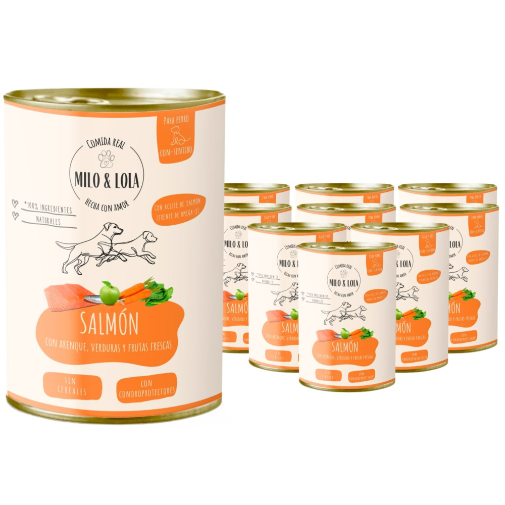 Pack 10 Latas Milo y Lola Salmon para Perro (10x380g) Comida húmeda para Perros Patitas&co Pack 10 Latas Milo y Lola Salmon para Perro (10x380g) Comida húmeda para Perros Patitas&co