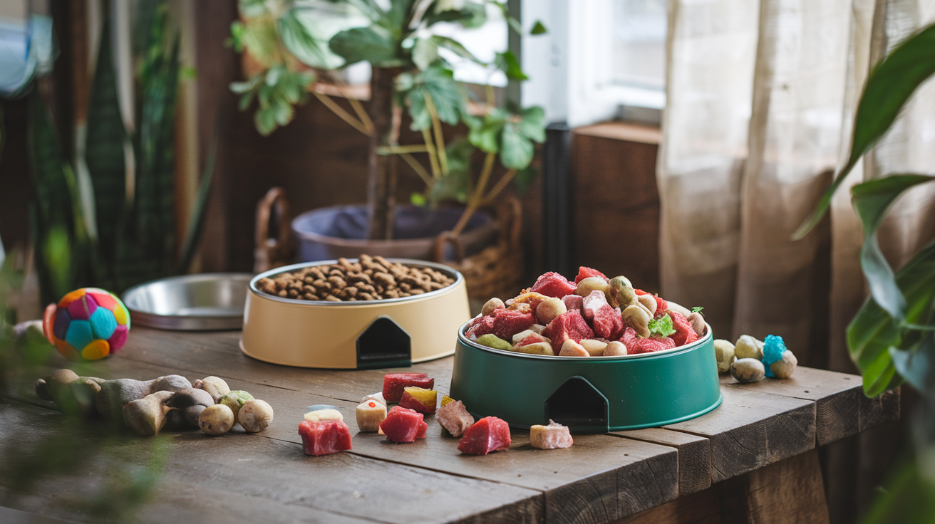 comedero con pienso y comedero con comida natural